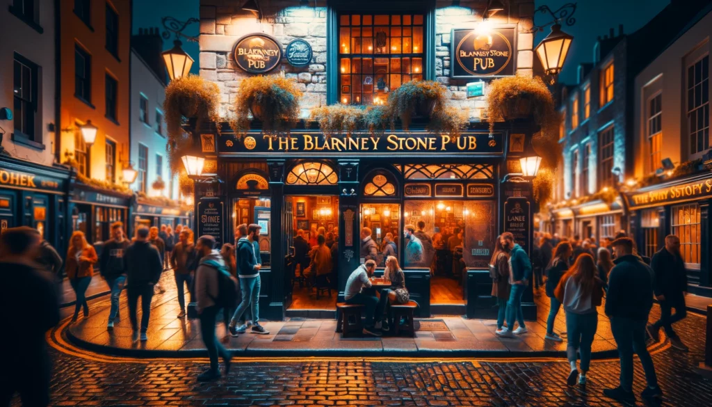Exterior of an Irish pub at night with warm lighting, a sign reading "Blarney Stone Pub," and people entering and exiting.
