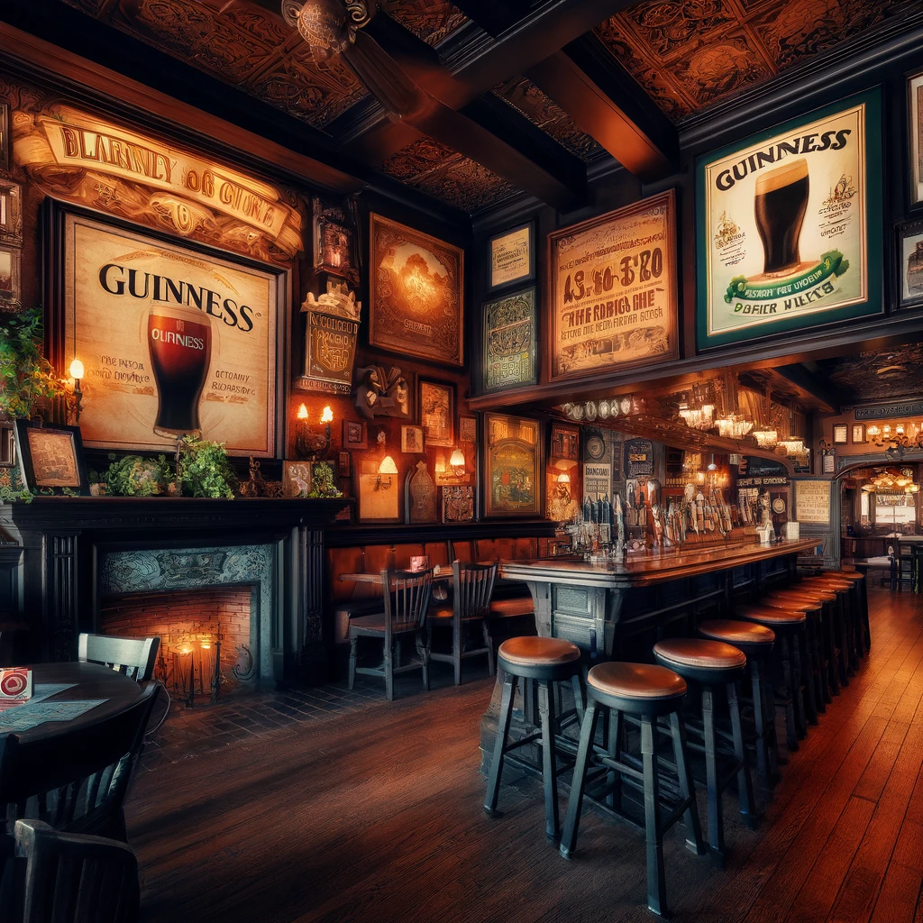  Interior of Blarney Stone Pub in El Cajon with Irish decor, dark wood furnishings, vintage Guinness posters, and a cozy fireplace. Patrons are enjoying their drinks at the bar and tables.