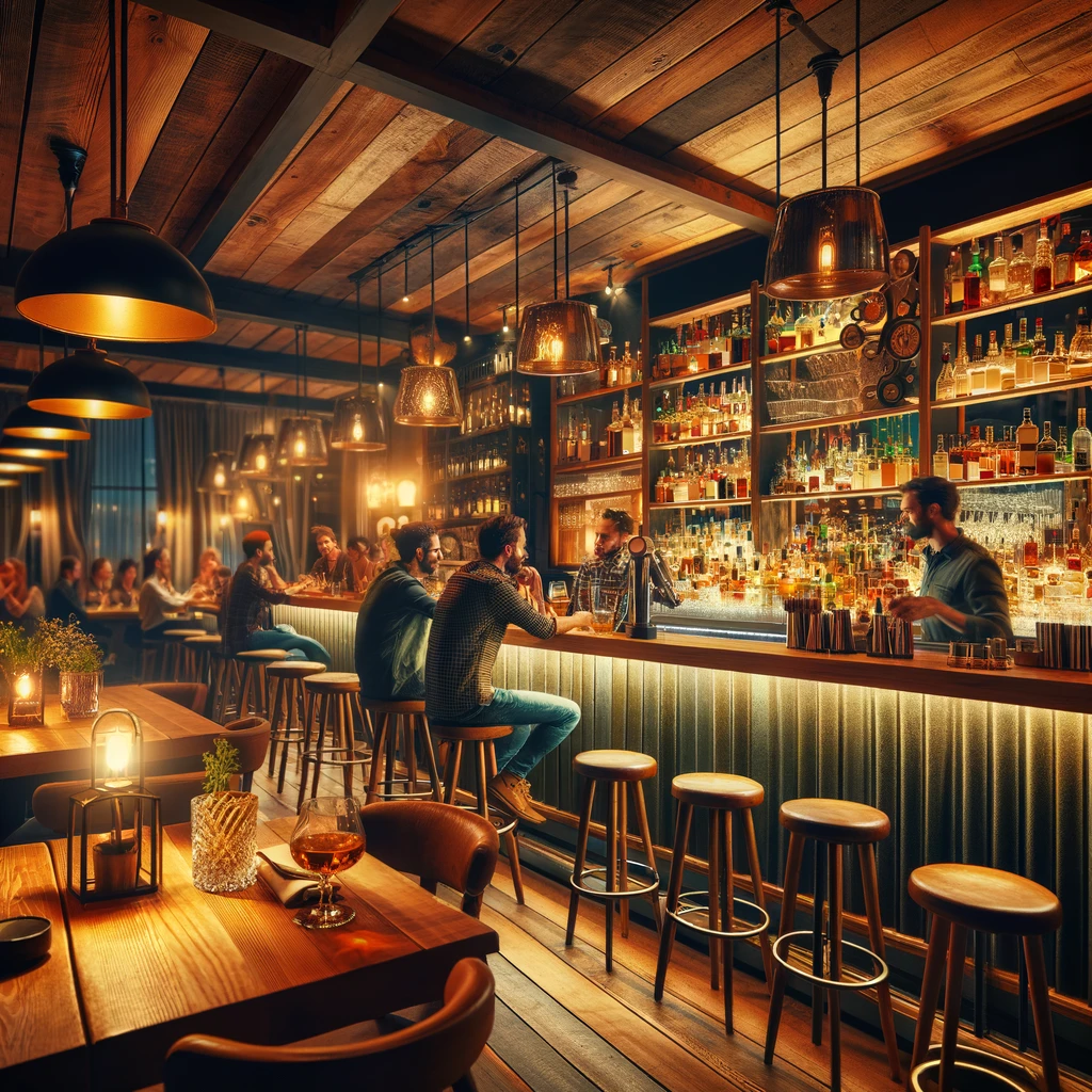 A cozy bar interior with warm lighting, wooden tables, and a well-stocked bar with various bottles and glasses. Patrons are seated at tables and the bar, enjoying drinks and conversation. The atmosphere is lively and welcoming, with a friendly bartender serving drinks.